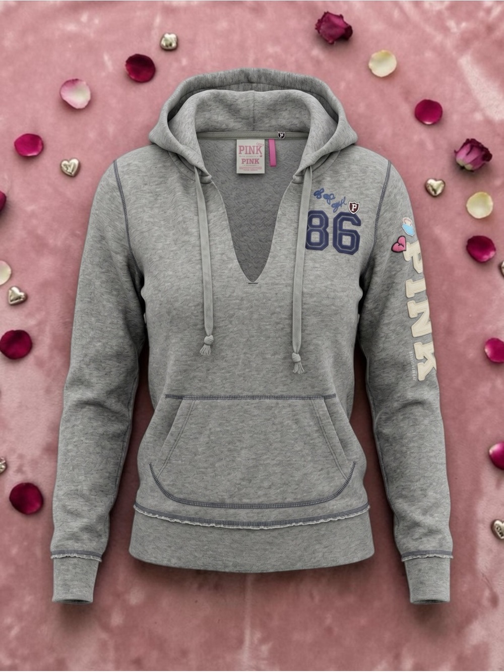 PINK Victoria's Secret Gray V-Neck Hoodie Sweatshirt with 86 Graphic women’s S